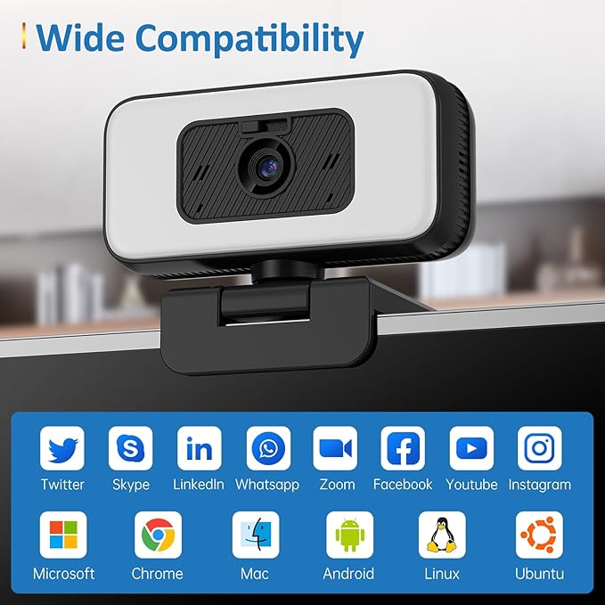 2K Webcam for Laptop, Computer Camera with Light for PC/Desktop/Mac [Light Your Face, Free Your Space] USB Webcam with Auto Anti-Disturb Backlight, Zoom & Flip, Privacy Cover, Microphone