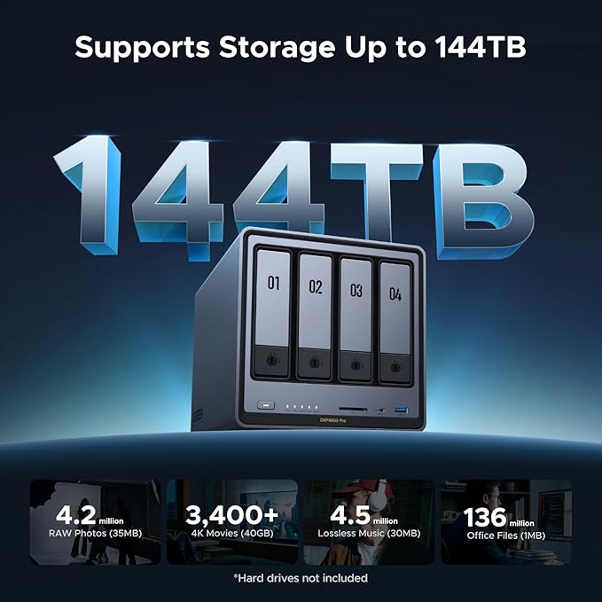 UGREEN NAS DXP4800 Pro 4-Bay Desktop NAS, Intel® Core™ i3-1315U 6-Core CPU, 8GB DDR5 RAM, 128G SSD, 1x 10GbE, 1x 2.5GbE, 2X M.2 NVMe Slots, 4K HDMI, Network Attached Storage (Diskless)