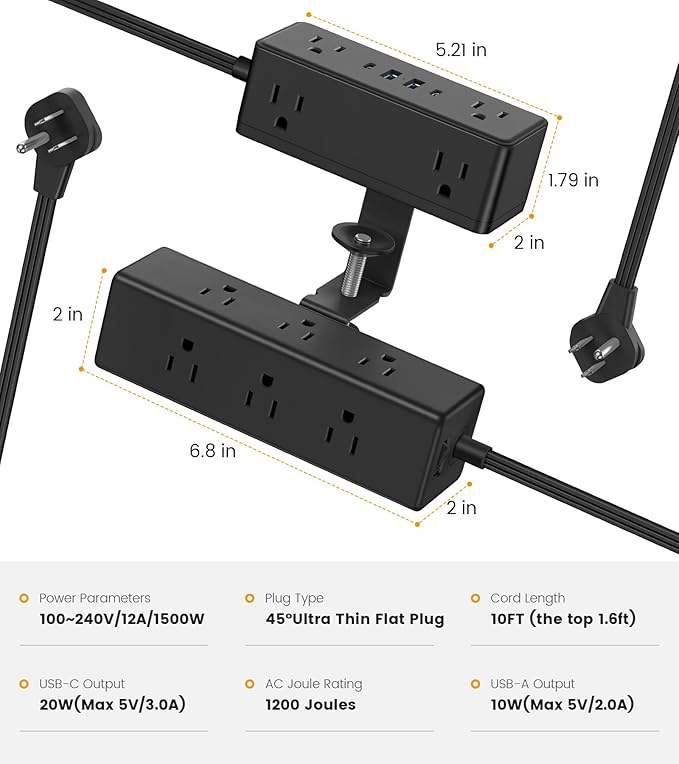 Dual Layer Desk Clamp Power Strip, Desktop Edge Mount Surge Protector with 15 AC Outlets & 4 USB Ports(20W USB-C), Ultra Thin Flat Plug & 10FT Power Cord for Office Home(ETL Listed)