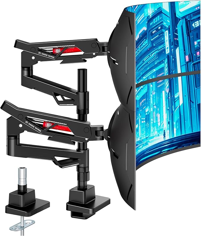 ARES WING Premium Monitor Arm, Ultrawide Monitor Stand up to 57'' and 60 Lbs per Screen, Heavy Duty Gas Sprinq Dual Monitor Mount Adjustable Arms, Various VESA Mount with Clamp/Grommet Base