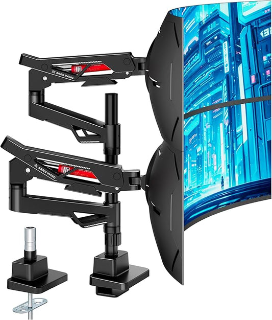 ARES WING Premium Monitor Arm, Ultrawide Monitor Stand up to 57'' and 60 Lbs per Screen, Heavy Duty Gas Sprinq Dual Monitor Mount Adjustable Arms, Various VESA Mount with Clamp/Grommet Base