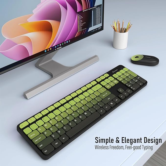 Wireless Keyboard and Mouse Combo - 2.4G Wireless, Rechargeable, Low-Noise, Cute Colorful, Full-Sized, 3 DPI Adjustable Mouse, for Computer, Laptop, PC, Desktop(Black Green)