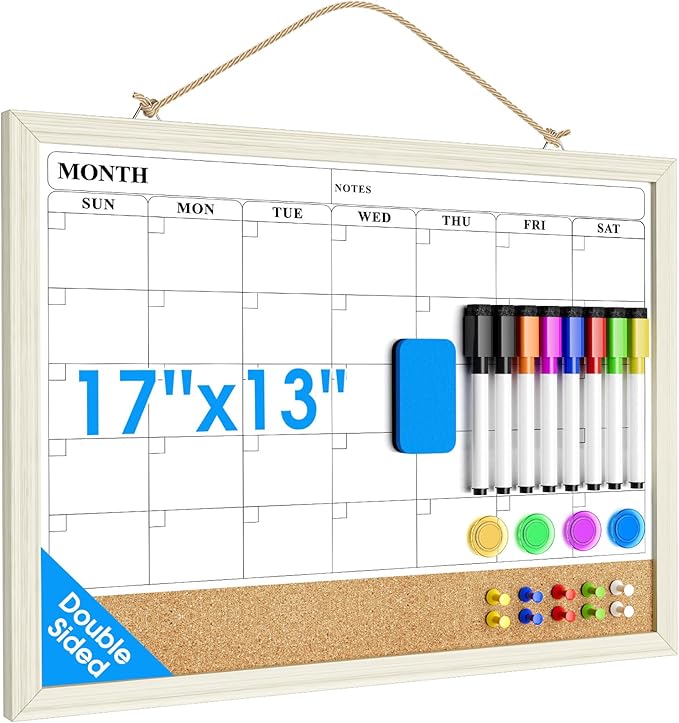 MaxGear Calendar Whiteboard for Wall, 17 x 13 Inch Double Sided Monthly Calendar Whiteboard with Cork Board Strip, Magnetic Dry Erase Board with Wooden Frame for Kitchen and Home Office Planning