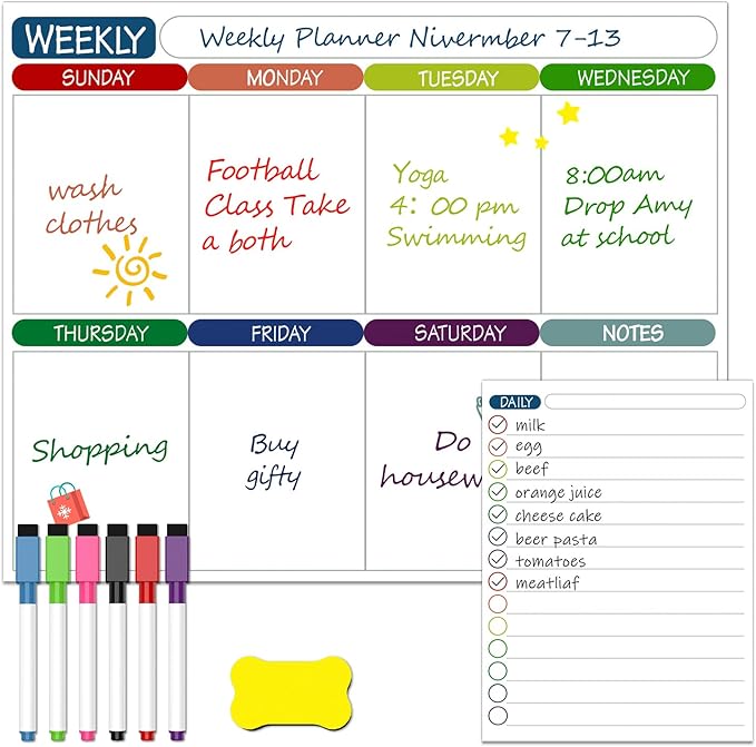 2Pcs Magnetic Calendar Whiteboard for Fridge, 11" x 14" Weekly Digital Calendar Daily Schedule Planner Organizer for Home School Office Refrigerator with 6 Markers and 1 Eraser