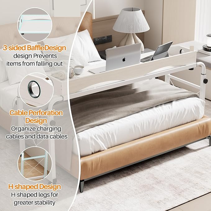 BYMECOST Laptop Desk for Bed, Adjustable Height & Length Laptop Bed Table,Overbed Table with Wheels for Queen Size Beds,Rolling Standing Desk,Over Bed Desk for Working Reading Eating (White)