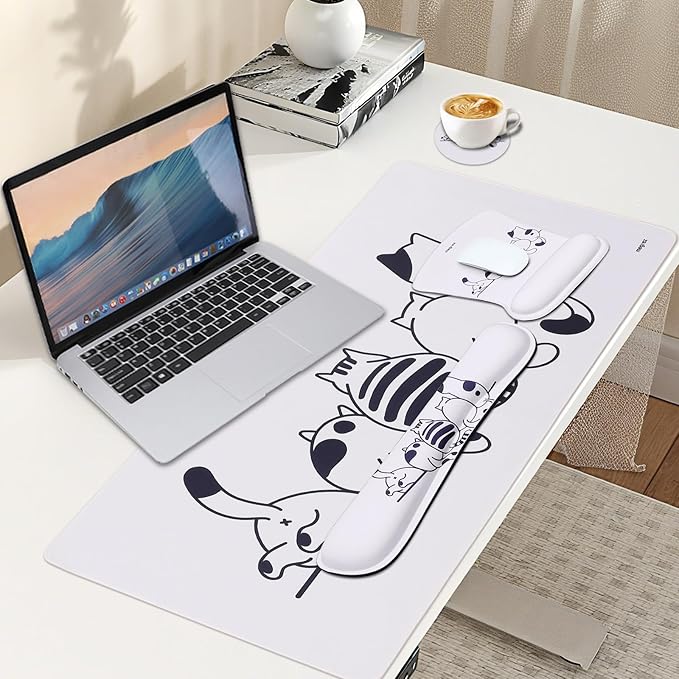 MEGREZ 4-in-1 Ergonomic Memory Foam Wrist Rest Set, Desk Pad, Mouse Pad with Wrist Rest, Keyboard Pad, Suitable for Office Workers, Programmers & Gamers–Relieve Typing & Gaming Fatigue, Beige