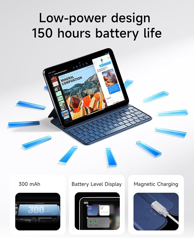 HOU Slim Bluetooth Keyboard Case for 2025 11th-Gen iPad (A16) & 2022 10th-Gen iPad, Smart Folio, Magnetic Stand with 2 Ergonomic Tilt Angles, Recyclable Synthetic Leather, Long-Life Battery, Blue