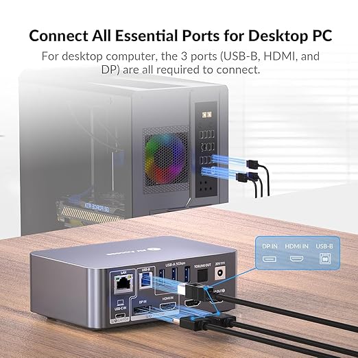 AV Access KVM Switch 2 Monitors 2 Computers with Ethernet, EDID, 4K@60Hz/2K@144Hz/1080P@240Hz, KVM Docking Station Dual Monitor for Laptop & Desktop, USB-C Charge, Aluminum, 3xUSB 3.0, Power Supply