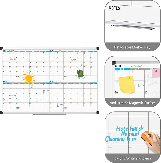 XBoard Magnetic Calendar Whiteboard 36" x 24", 4 Months Calendar Dry Erase Board, Silver Aluminium Framed White Board Planner for Home School Office Organization