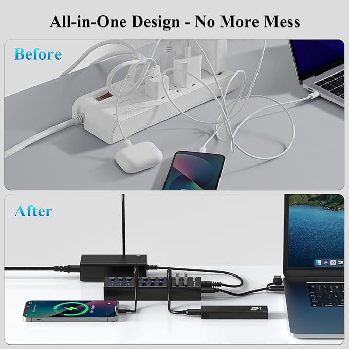 Powered USB Hub, 10-Port USB C Hub with 6 USB-A 3.2, 4 USB-C 3.2 Ports, Individual Switches and 12V/5A Power Adapter, Aluminum USB Extension for MacBook, Laptop/PC and More(Black)