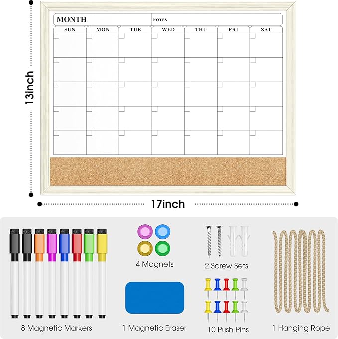 MaxGear Calendar Whiteboard for Wall, 17 x 13 Inch Double Sided Monthly Calendar Whiteboard with Cork Board Strip, Magnetic Dry Erase Board with Wooden Frame for Kitchen and Home Office Planning