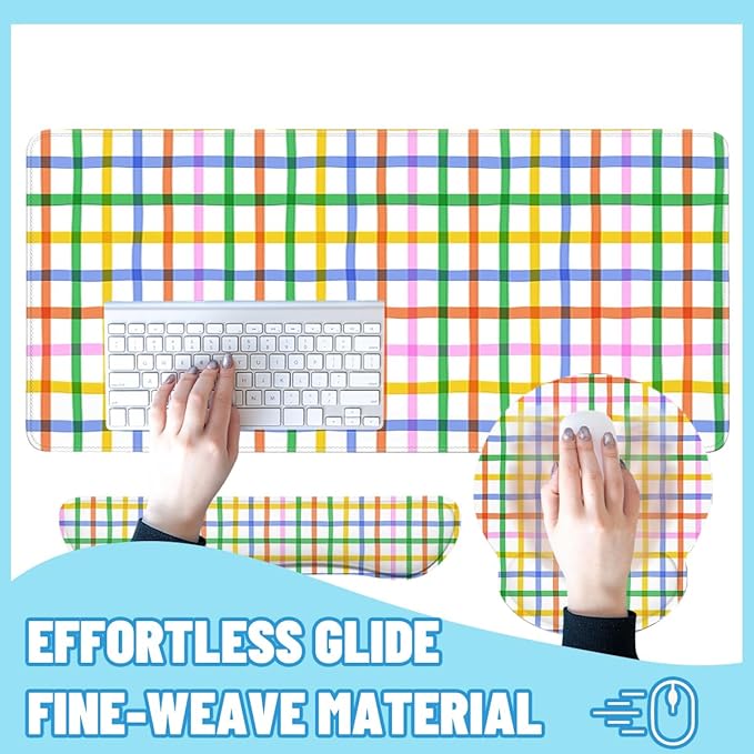 Plaid Mouse Pad Set Colorful Rainbow Checkered Seamless Gaming Mousepad 4in1 Desk Mat for Desktop Anti-Slip XXL Big Computer Ergonomic Mousepad with Wrist Support for Keyboard and Mouse