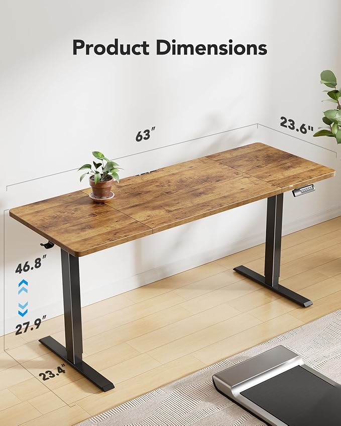 Marsail 63x24 Electric Standing Desk - Adjustable Height Computer Desk with Memory Presets, Storage Bag & Cable Management for Home Office & Gaming Workstations