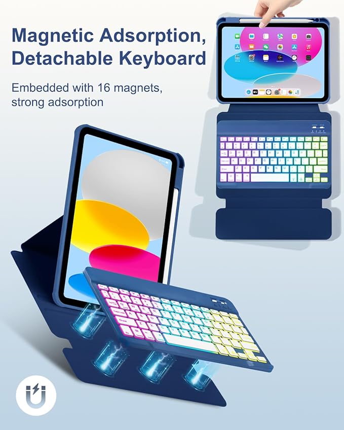 Case with Keyboard Mouse for iPad A16 11th 10th Generation 11/10.9 inch,Rainbow Backlit Detachable Keypad Rotatable Magnetic Cover with Pencil Holder for iPad 11 2025 10 Gen 2022 Navy Blue