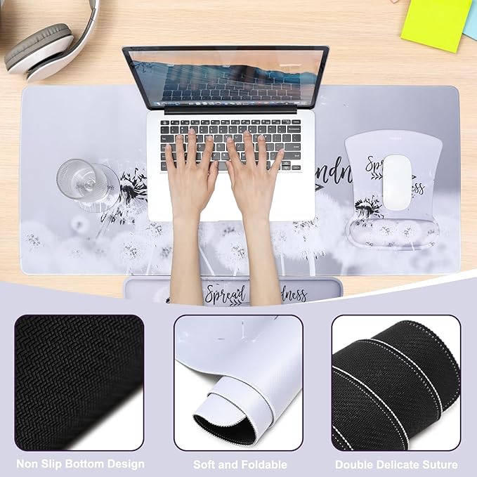 MEGREZ 4-in-1 Ergonomic Memory Foam Wrist Rest Set, Desk Pad, Mouse Pad with Wrist Rest, Keyboard Pad, Suitable for Office Workers, Programmers & Gamers–Relieve Typing & Gaming Fatigue, Gray Dandelion