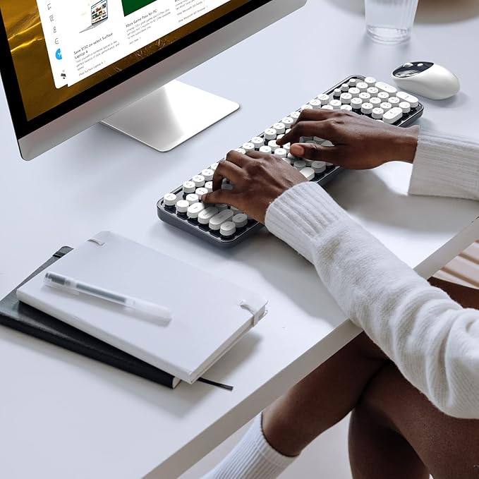 KNOWSQT Wireless Keyboard and Mouse Combo - White-DarkBlue Full-Sized 2.4 GHz 104 Keys Typewriter Keyboard, Flexible Round Keycap and Optical Mouse for Windows, Computer, PC, Laptop, Desktop, Mac