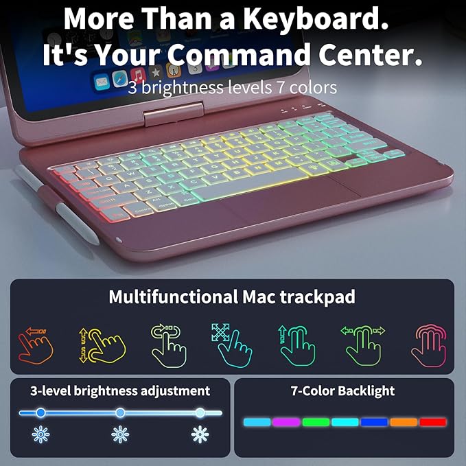 Touch Keyboard Case for iPad A16 11th Generation 2025/10th Generation 10.9 inch 2022,360° Rotatable for iPad 10th Generation Case with Keyboard- 10 Color Backlight Keyboard Case with Pencil Holder