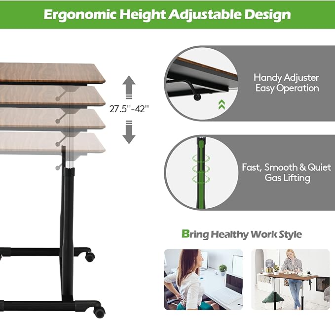 COSTWAY Mobile Height Adjustable Standing Desk, Compact Pneumatic Sit to Stand Computer Desk w/Lockable Casters, Ergonomic Rolling Laptop Table w/Steel Frame for Home Office (Espresso)