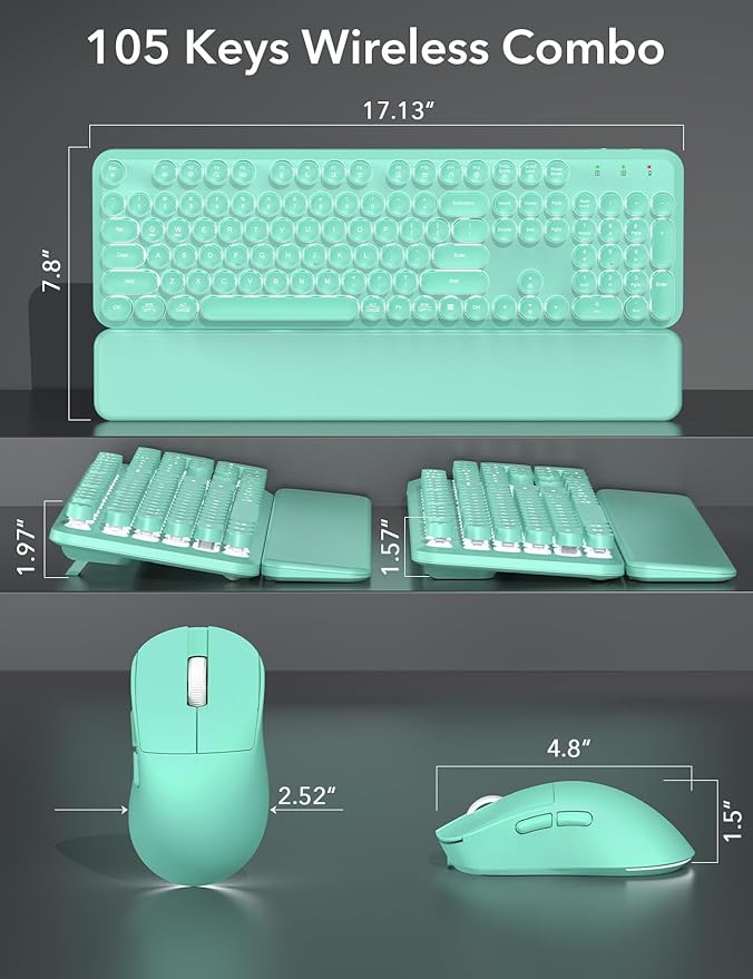 Wireless Keyboard and Mouse Backlit - Typewriter Keyboard with Magnetic Wrist Rest, Retro Round Keycaps, Light Up Letters, 2.4GHz Cordless Combo for Mac, Windows, PC, Laptop, Trueque