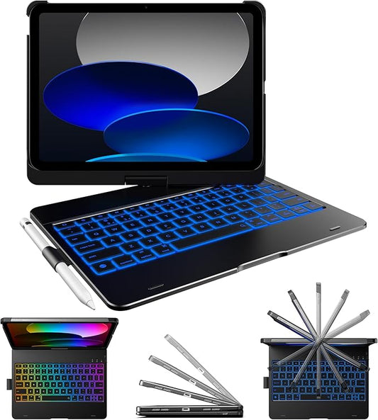 typecase Flexbook Keyboard Case for iPad 11th (A16, 2025) and iPad 10th Gen (10.9", 2022) – No Trackpad, 11-Color Backlight, 360° Rotatable, 7 Use Modes, Thin & Lightweight – Black