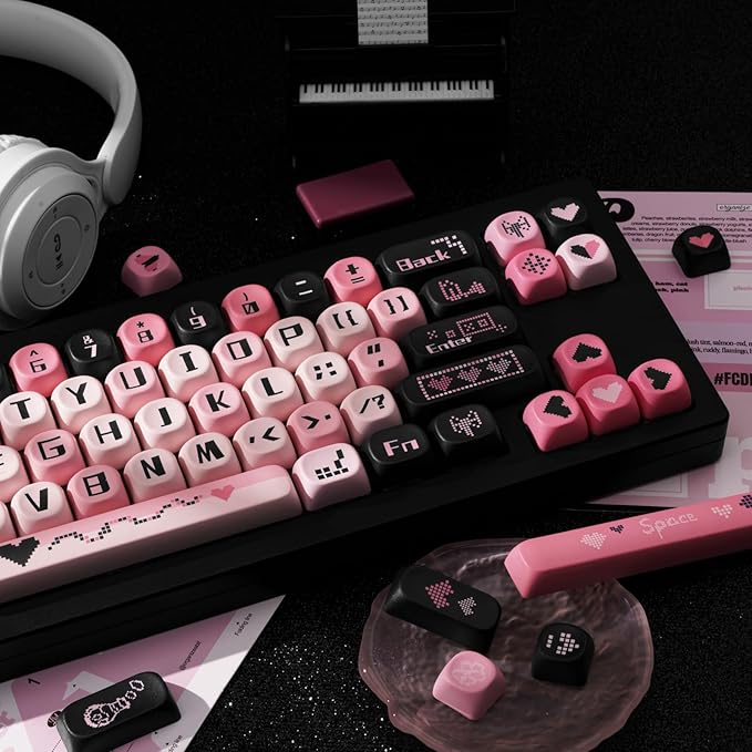 131 Keys PBT Keycaps Dye-Sublimation Black and Pink MOA Profile Custom Cute Keycaps for Cherry Gateron MX Swithes Mechanical Keyboards