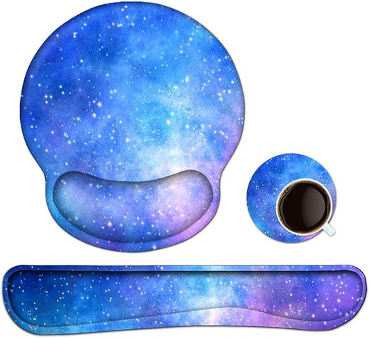 Keyboard Wrist Rest, Ergonomic Mouse Pad Wrist Support, Memory Foam Wrist Rest, Anti-Slip Base, Mousepad with Coaster for Computer Keyboard Office Home, Nebula Galaxy