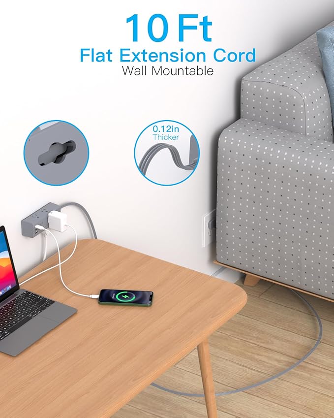 10Ft Extension Cord with Multiple Outlets, Flat Plug Power Strip Surge Protector with 10 Ft Long Cord, 6 Outlet 3 USB Ports (1 USB C), Multi Outlet Wall Plug for Travel, Dorm Room Essentials-Grey