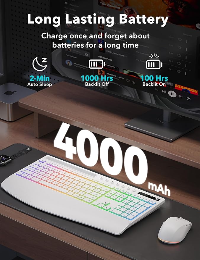 Trueque Wireless Keyboard and Mouse Combo, 4000mAh Rechargeable Backlit Keyboard with Wrist Rest & Phone Holder, Full Size Quiet Typing 2.4G USB-A/Type-C for PC Laptop Windows Mac (White)