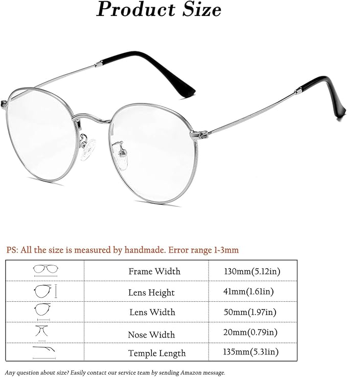 HJSTES Round Blue Light Glasses for Women Men Retro Circle Clear Lens Metal Frame Eyeglasses