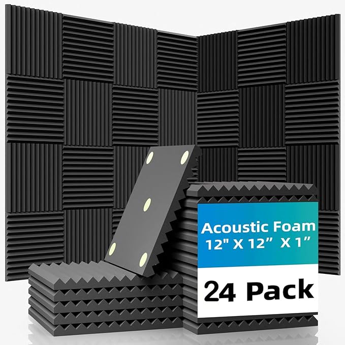 24 Pack Sound Proof Foam Panels |1"×12"×12" Quick-Recovery Soundproof Wall Panels | High Density Sound Dampening Panels for Home Studio| With Adhesive Stickers 120PCS (Black)