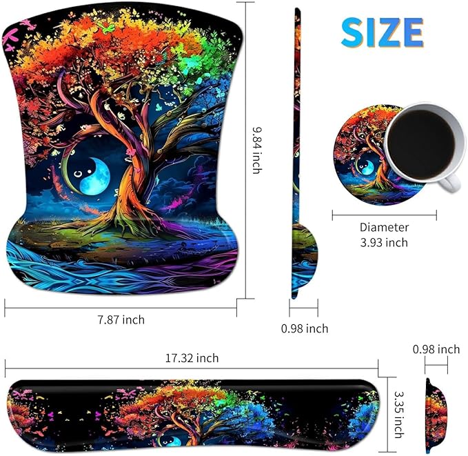 Ergonomic Mouse Pad with Wrist Support Gel Mouse Pads and Upgrade Keyboard Wrist Rest Pad Set, Coasters Non-Slip PU Base Mouse Mat for Office Gaming Computer Laptop Home, Colored Trees