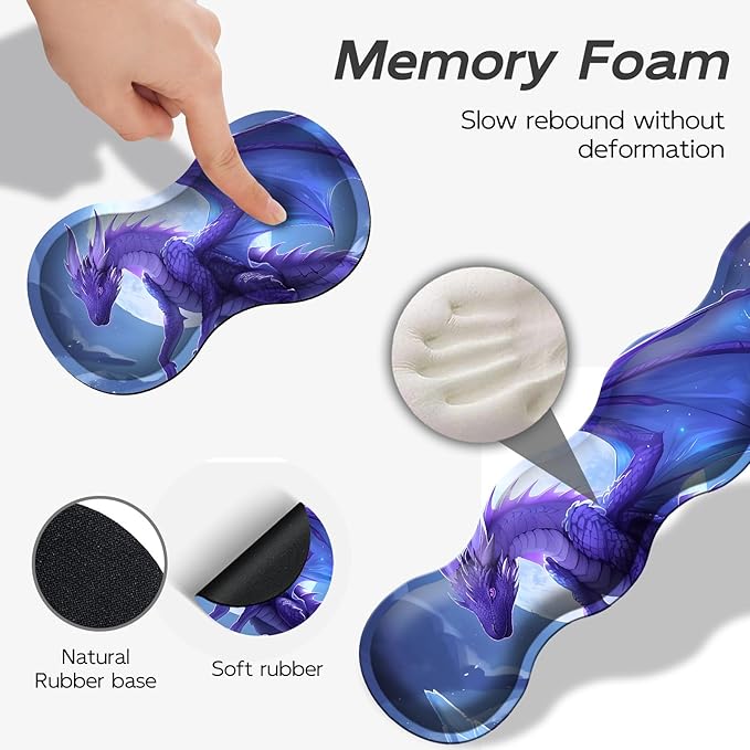 Gaming Mouse Pad Set, Majestic Purple Dragon Large Desk Mat Mousepad, Keyboard Wrist Support, Mouse Wrist Rest, Coaster 4in1 Ergonomic Memory Foam, Non-Slip Stitched Edge for Home Office