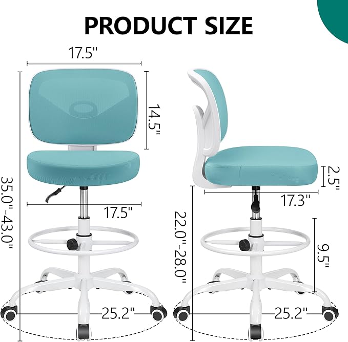Primy Armless Tall Desk Chair, Adjustable Height and Footring, Low-Back Ergonomic Standing Desk Chair Mesh Rolling Tall Chair for Art Room, Office or Home (Teal)