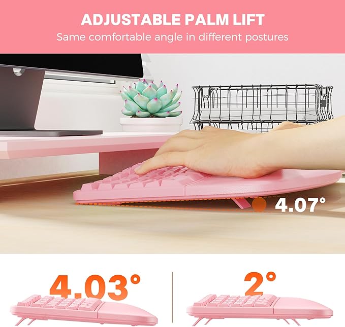 MEETION Ergonomic Keyboard and Mouse Combo, 2.4G Cordless Split Keyboard with Cushioned Palm Rest, Vertical Wireless Mouse, Natural Typing Full Size Keyboard, for Windows/Mac Pink