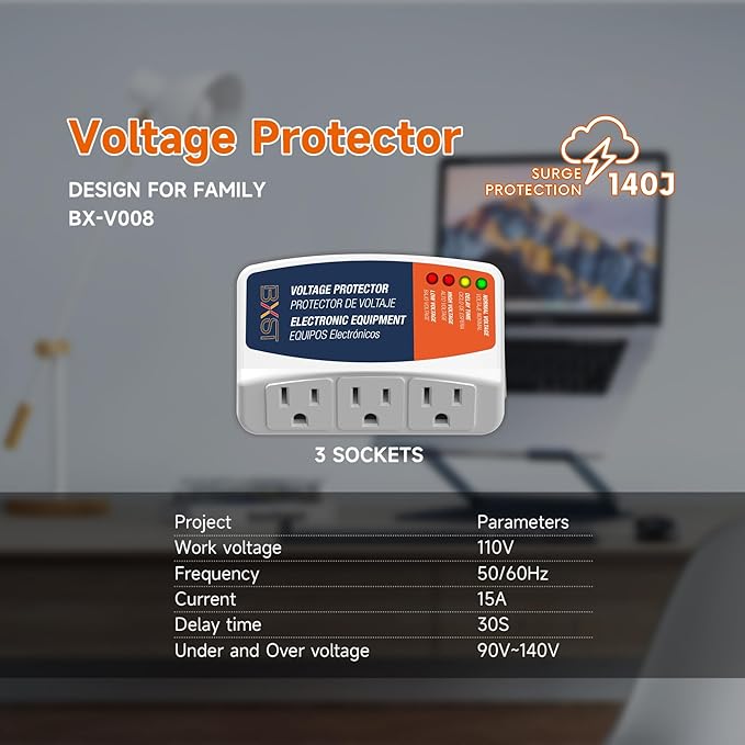 BXST Surge Protector 3 Outlet Power Voltage Protector for Home Protects Against High and Low Voltage Brownout Surge Protector for Refrigerator/TV/PC 15A, 120V, 1800W (1 Pack)