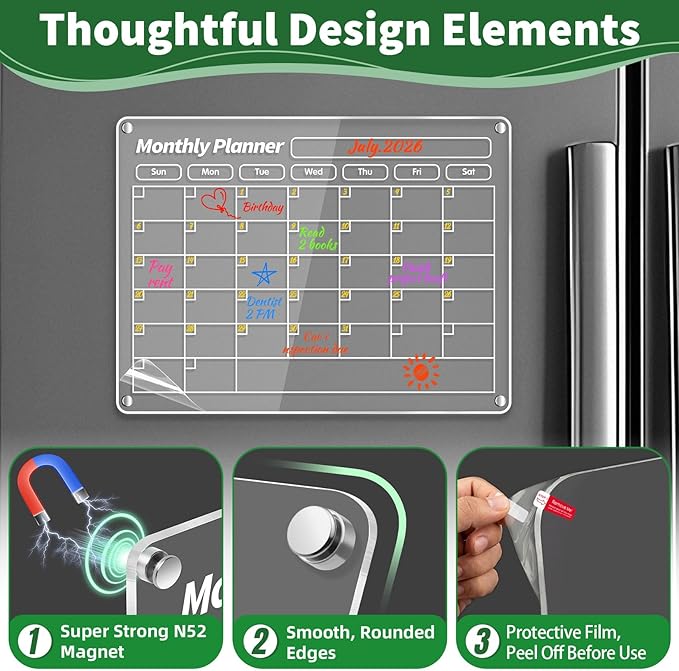 FINDMAG Acrylic Magnetic Dry Erase Board Calendar for Refrigerator, Magnetic Whiteboard for Fridge, 16"x12" Monthly Magnet Calendar for Refrigerator with 8 Colorful Highlight Markers