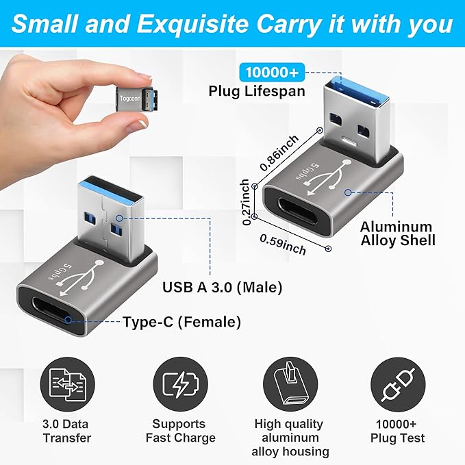90 Degree USB to USB C Adapter 4 Pack, Up and Down Right Angle USB C Female to A Male Charger Connector Converter USB L Shape Extender, Support Charge & Data Sync for PC, Laptop, Mouse, Keyboard