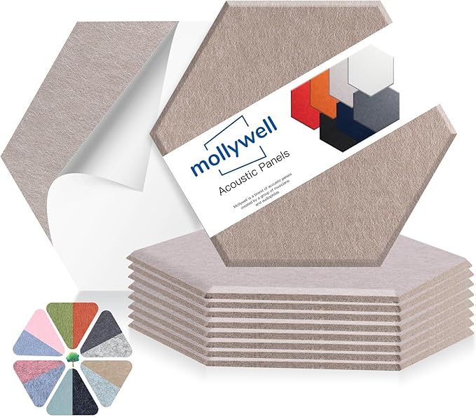 Mollywell Hexagon Acoustic Panels 14x12 - Reduce Echo & Reverb, Noise Blocking Wall Tiles for Home Theater & Study, Deep Camel Sound Absorbing Panels