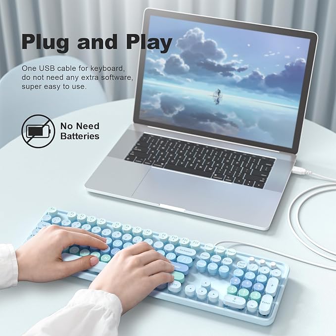 Large Print Keyboard Wired, Full Size Wired Retro Round Keyboard with Foldable Stands, Plug and Play for Laptop and Office PC- Blue Gradient