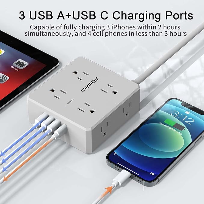 Surge Protector Power Strip - 10 Ft Flat Plug Extension Cord with 8 Widely Outlets and 4 USB Ports(1 USB C), 3 Side Outlet Extender for Home Office, Grey, ETL Listed