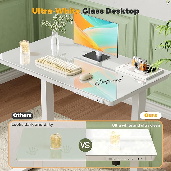Glass Small Standing Desk with Drawer, 35" x 20" Whole Piece Electric Sit Stand Table, Height Adjustable Desk with Storage & USB Ports, Quick Install Home Office Computer Desk, White