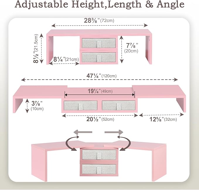 TEAMIX Pink Dual Monitor Stand Riser with 2 Drawers - Length and Angle Adjustable Double Corner Desk Shelf Organizer 37 inch for 2 Laptop/PC/Screen/TV (2 Drawers - 8''H)