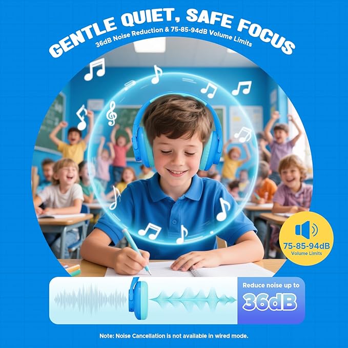 Steellumen Nova1Lite Kids Wireless Active Noise Cancelling Headphones, Bluetooth 5.3, Safe Volume 74/85/94dB, Real 40H Battery, Type-C Fast Charging, boy Girl Built-in Mic for School Travel Airplane