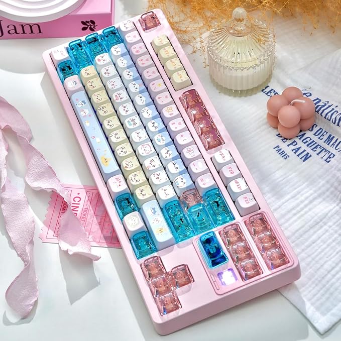 26 Keys Crystal Jelly Personalized Keycaps, PC Material Cute Blue Pink Kawaii Transparent Custom Keycaps, Mao Profile Keycap for DIY MX Swithes Mechanical Keyboards