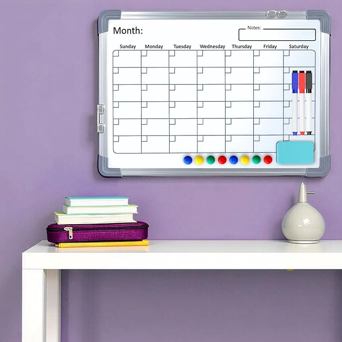 Large White Board Calendar Dry Erase Planner, Dual Side Magnetic Whiteboard for Fridge, Family Calendar Planning Boards w/Movable Hooks, Monthly Whiteboard with Lines, Memo, Pens & Eraser (16x12)