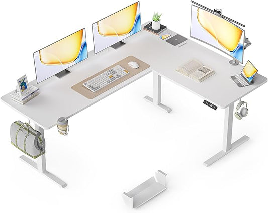 75X61 Inches Reversible L Shaped Standing Desk Height Adjustable, Electric Corner Computer Desk with Cup Holder, Sit Stand up Home Office Desk, Ergonomic Gaming Desk, White