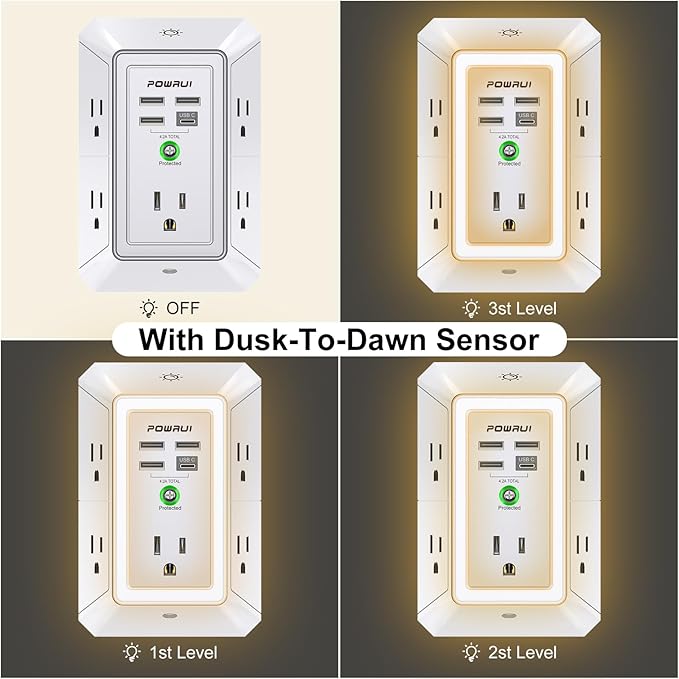 3-Sided Outlet Extender with Night Light - POWRUI Multi Plug Outlet with 5 Outlets and 4 USB Ports(1 USB-C), USB Wall Charger for Home, Office, Travel, ETL Listed, White