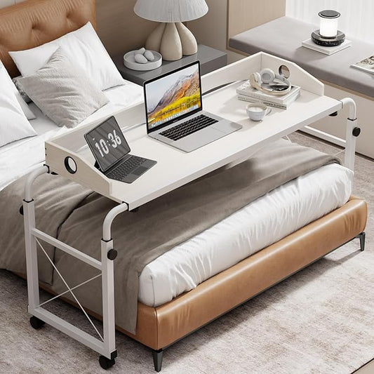 BYMECOST Laptop Desk for Bed, Adjustable Height & Length Laptop Bed Table,Overbed Table with Wheels for Queen Size Beds,Rolling Standing Desk,Over Bed Desk for Working Reading Eating (White)
