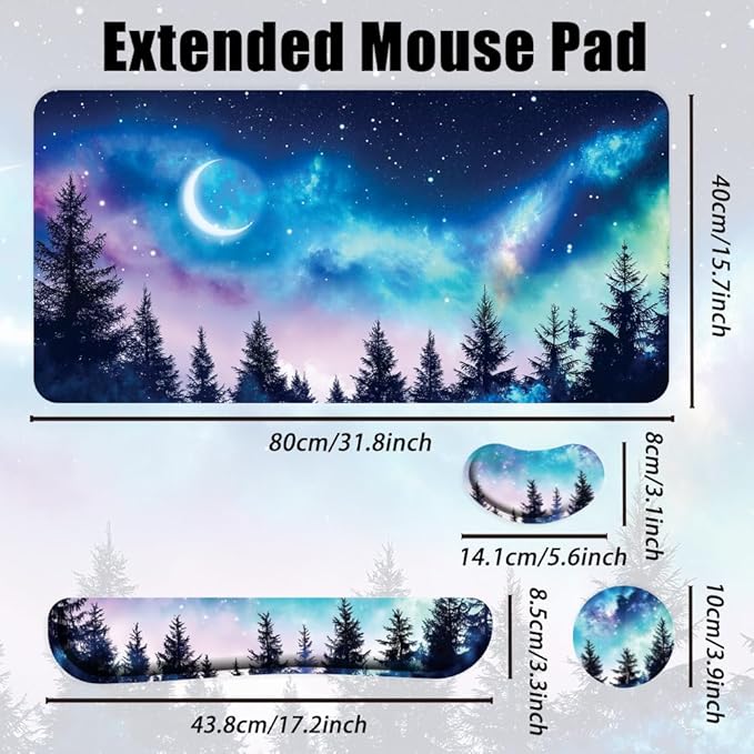 4 in 1 Large Keyboard Mouse Pad Set,Ergonomic Keyboard Wrist Rest Pad,Wrist Support Mousepad Set,Cup Coaster,Extended Desk Mat for Home Game Women Office Desk Decor Accessories(Night Sky)