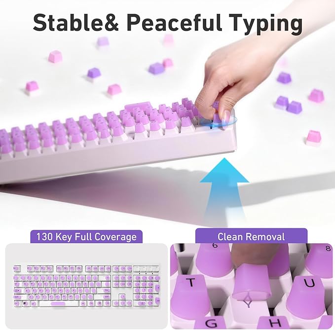 130 Pcs Keyboard Stickers for Long Nails, Ergonomics Raised Keyboard Stickers with Numbers, Self-Adhesive Round-Square PC Keyboard Tabs for Anti-Miss Typing (Purple)